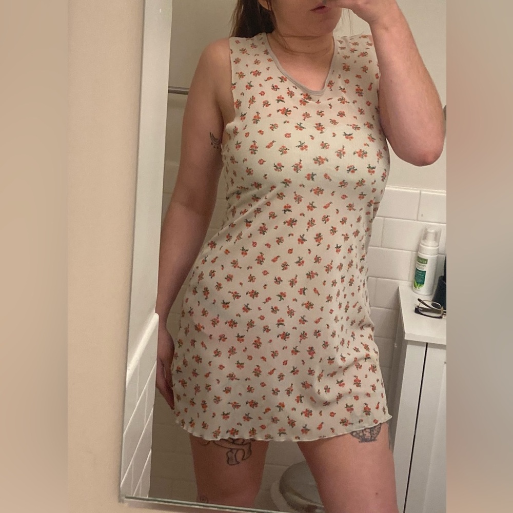 Sheer White Urban Outfitters Mini Dress with Red Floral Pattern